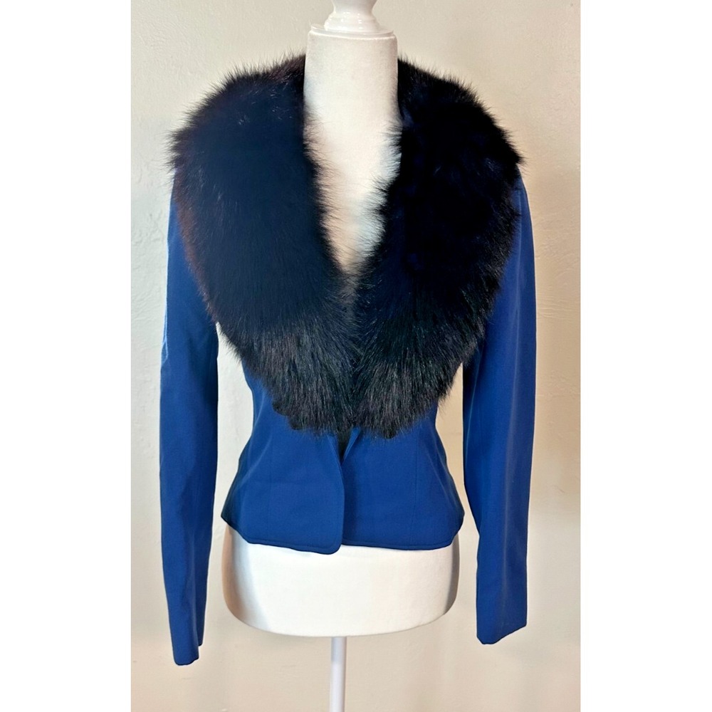 Vintage Victor Joris For Riva Women's Blue Jacket with Fur Collar Lined